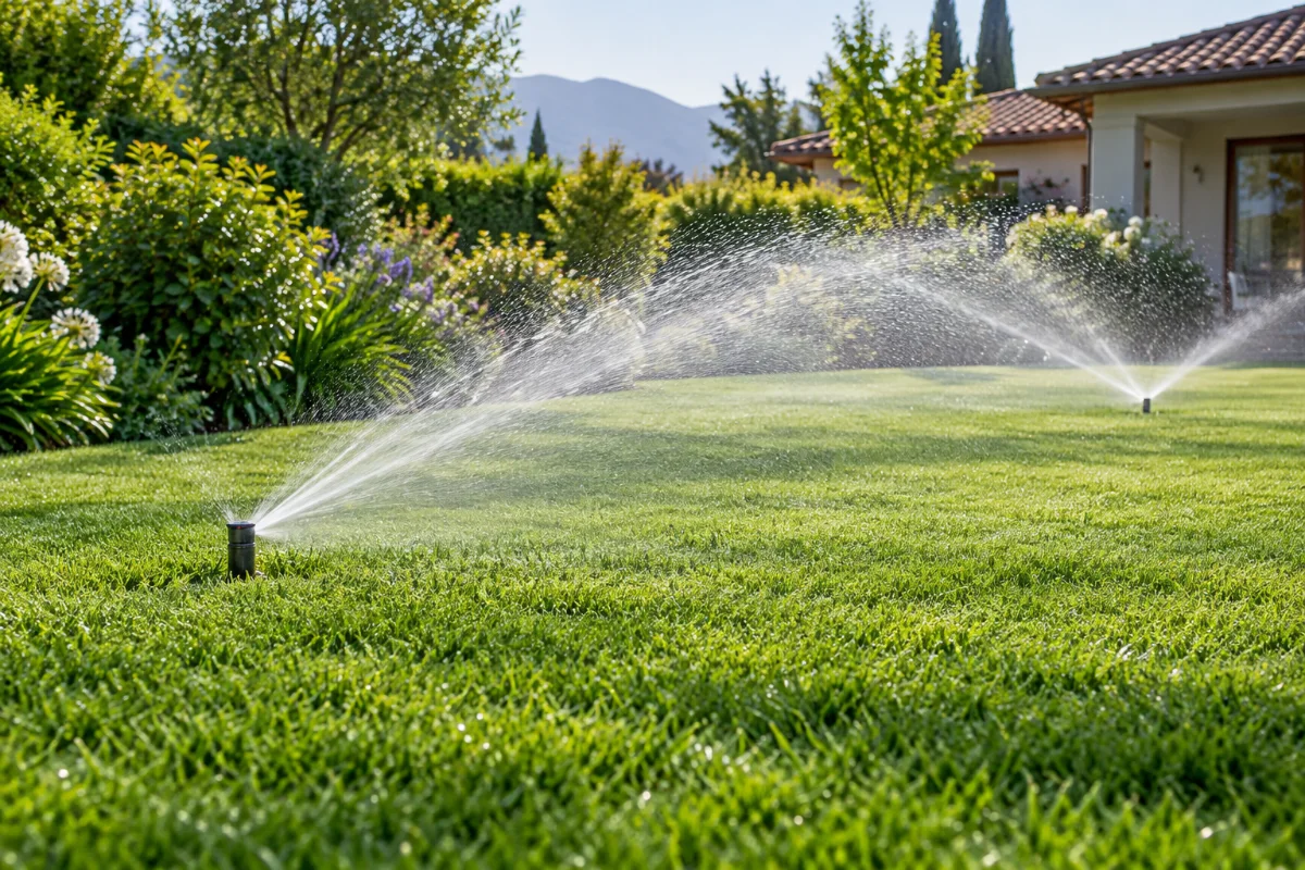 Imagen ilustrativa: dos aspersores regando un jardín con césped verde